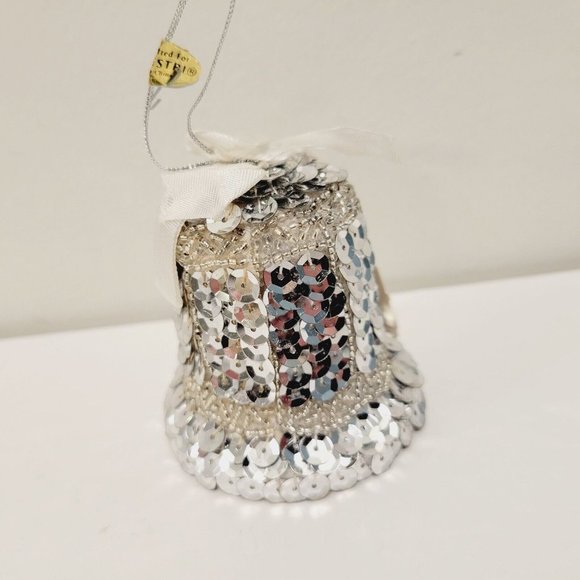 Vintage HTF RARE Silvistri Beaded Sequence Silver Bell Ornament Hand Made - Picture 2 of 6